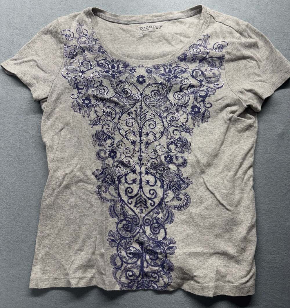 Zenergy by Chico's Gray Short Sleeve Top with Floral Scroll Size 1